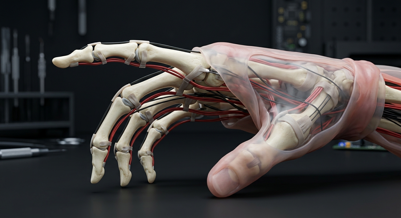 Biomimetic robotic hand with tendon routing and synthetic skin layers